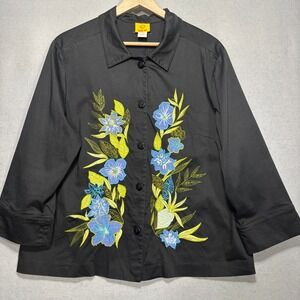 Ruby Rd Black Floral Embroidered Artsy Button Front Jacket Women Size 16